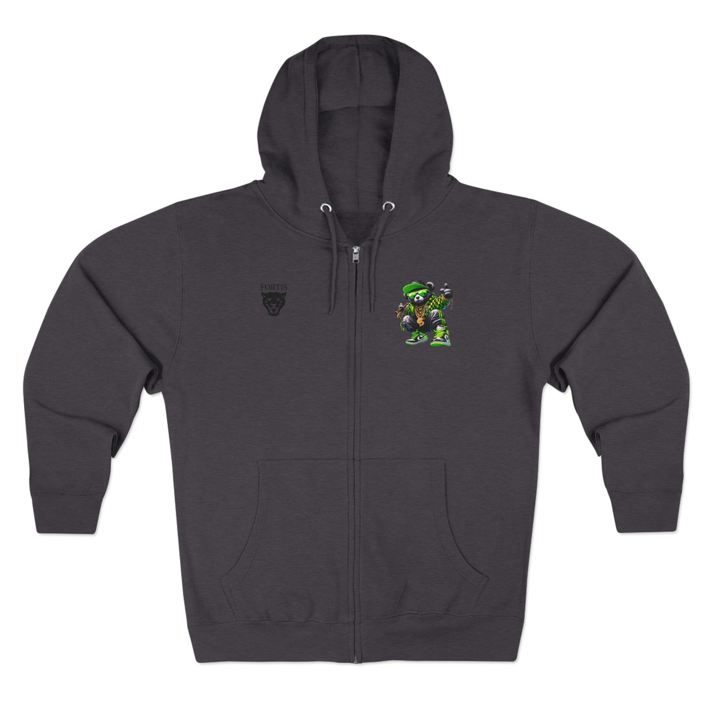 Streetwear Bear Zip Hoodie — Green Urban Teddy Graphic Zip-Up