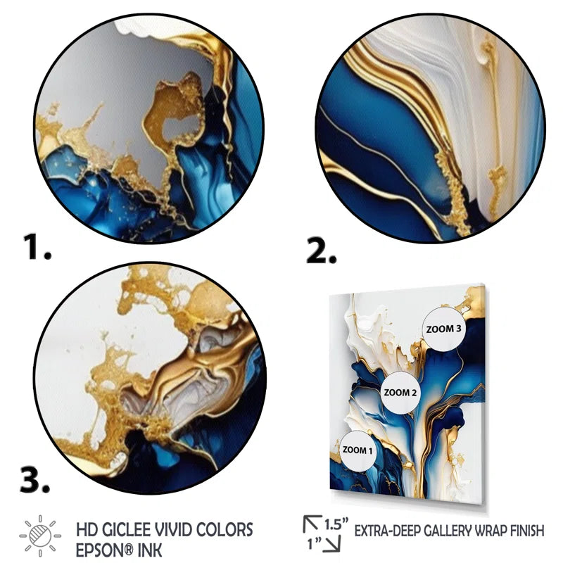 Abstract Geode Gold and Blue Marble Shape III - Modern 3 Piece Print on Canvas