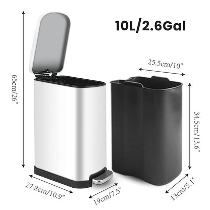 10 Liter/2.6 Gallon Small Trash Can with Lid Soft Close, Removable Inner Waste Basket, Rectangular Slim Garbage Can for Bathroom Bedroom Office Nursery, Narrow Step Trash Bin, White