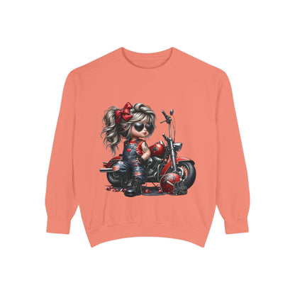 Retro Biker Girl Sweatshirt — Cute Motorcycle Crewneck