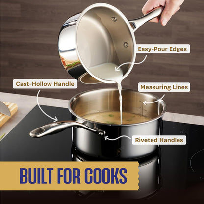 Stainless Steel Cookware Set | 5 Ply 12-Piece Pot and Pan Set Induction Compatible, Non-Toxic | Best Heavy Duty 18/8 Full Clad Construction | Oven Safe Even Heating PFOA PTFE PFOS Free