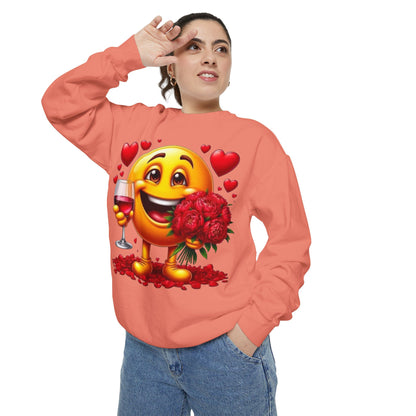 Valentine Emoji Sweatshirt — Smiley with Roses & Wine Love Crewneck