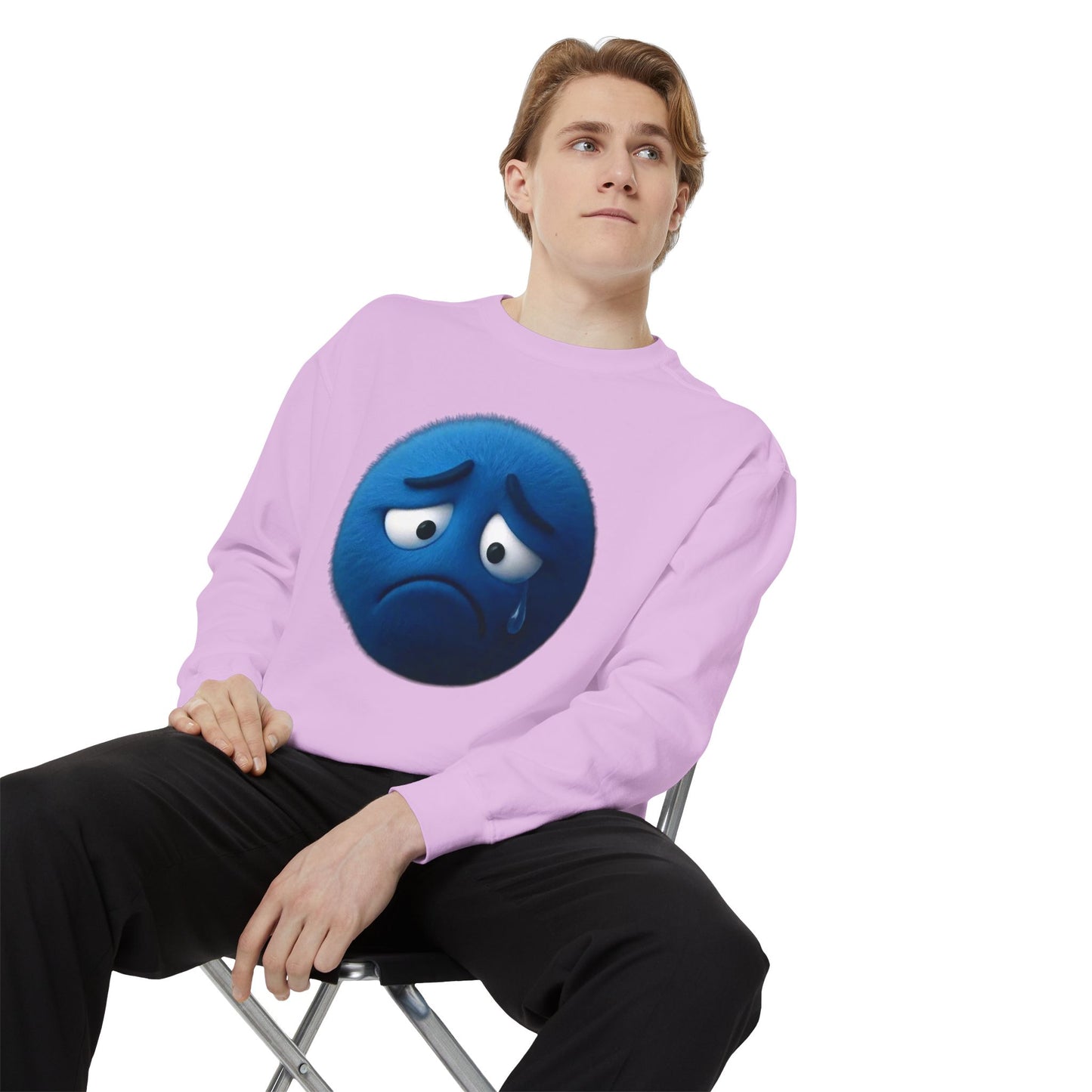 Sad Blue Emoji Sweatshirt – Cute Tear Drop Face Graphic Crewneck