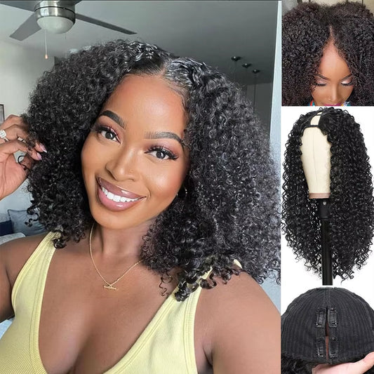 Deep Curly V Part Wigs Kinky Curly Synthetic Hair Wigs for Black Women Deep Water Wave No Leave Out Full Head Clip in Half Wig