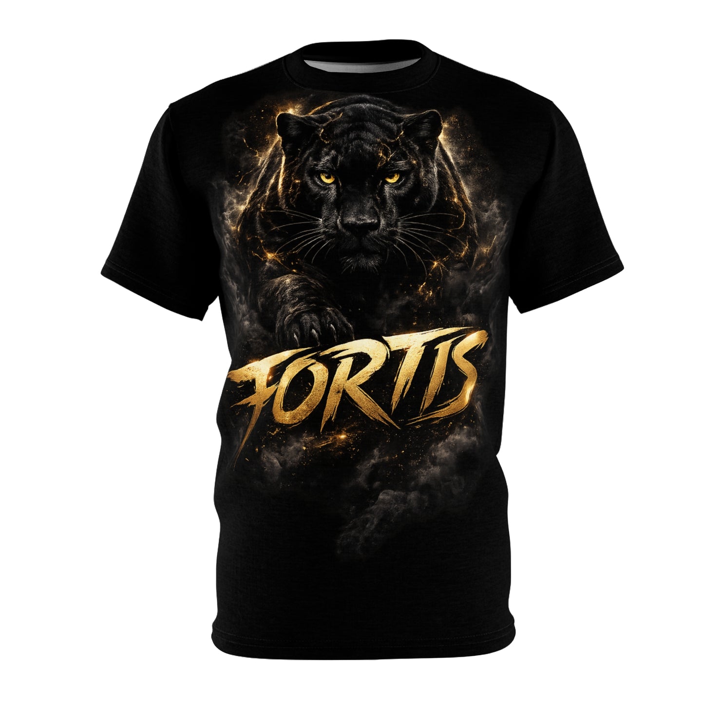 Fortis Black Panther Graphic Tee — Bold Gold Lettering All-Over Print