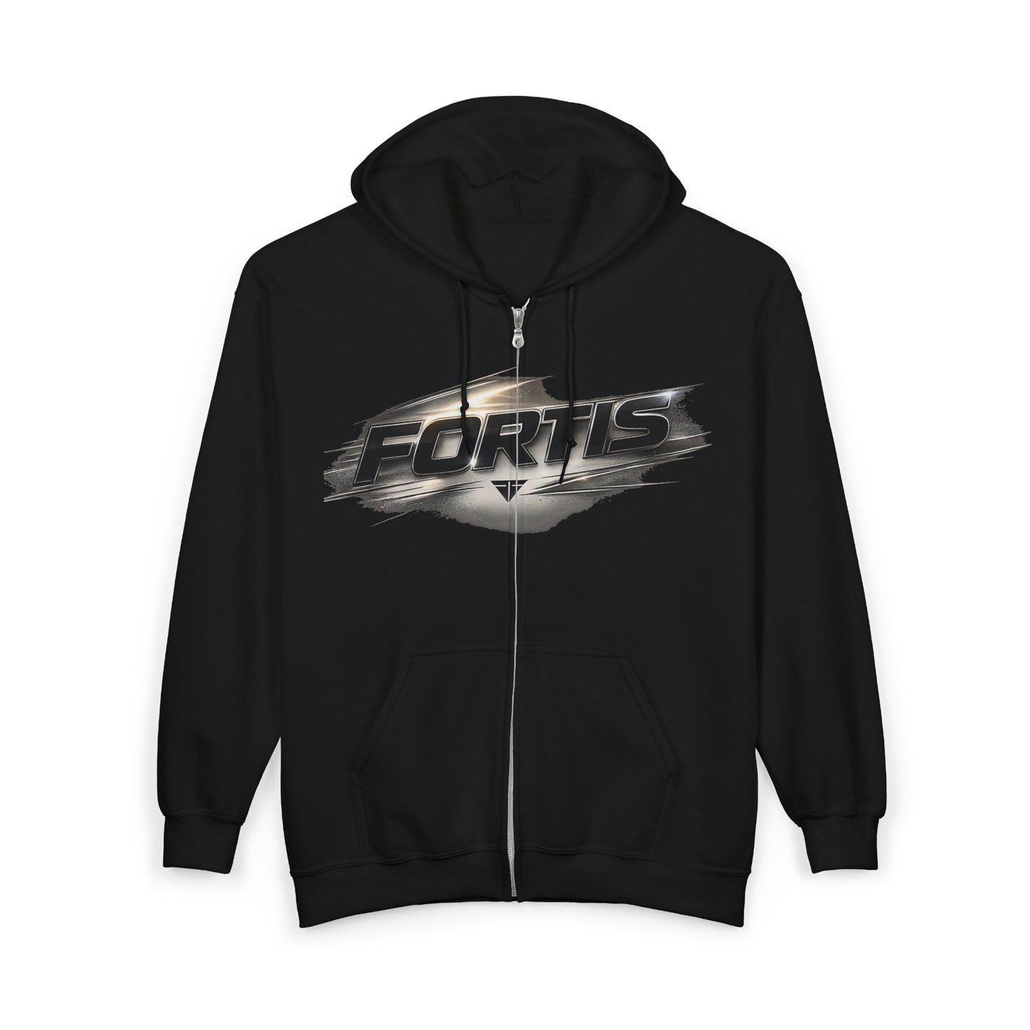 Fortis Zip Hoodie — Metallic Brushstroke Logo Full‑Zip Sweatshirt