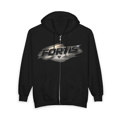Fortis Zip Hoodie — Metallic Brushstroke Logo Full‑Zip Sweatshirt