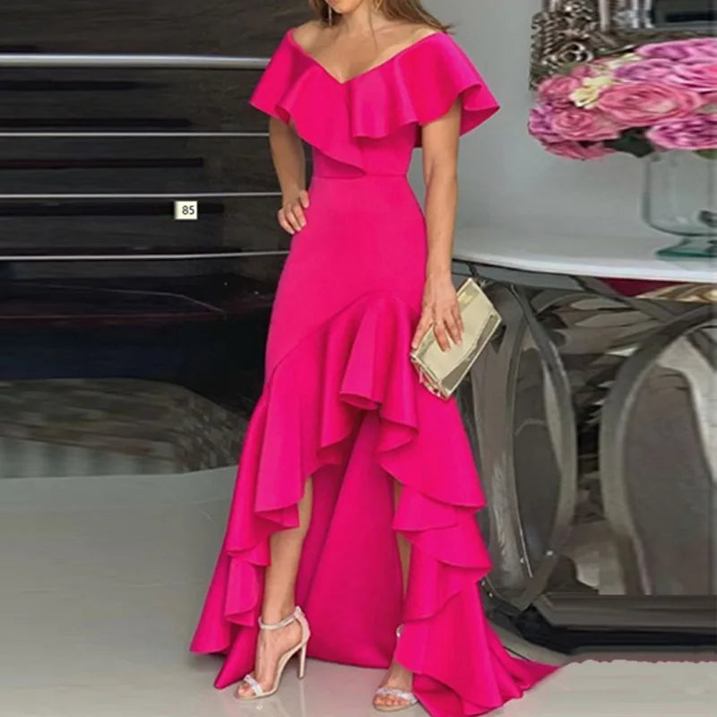 2024 Independent Station Aliexpress Amazon European and American Style V-Neck Ruffle Edge Irregular Elegant Dress
