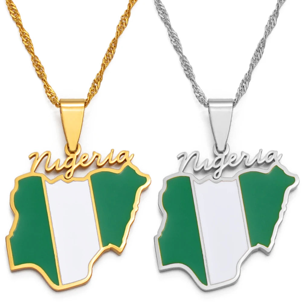 Nigeria Map Flag Pendant Necklaces Gold Color Nigerian Maps Jewelry Patriotic #136621
