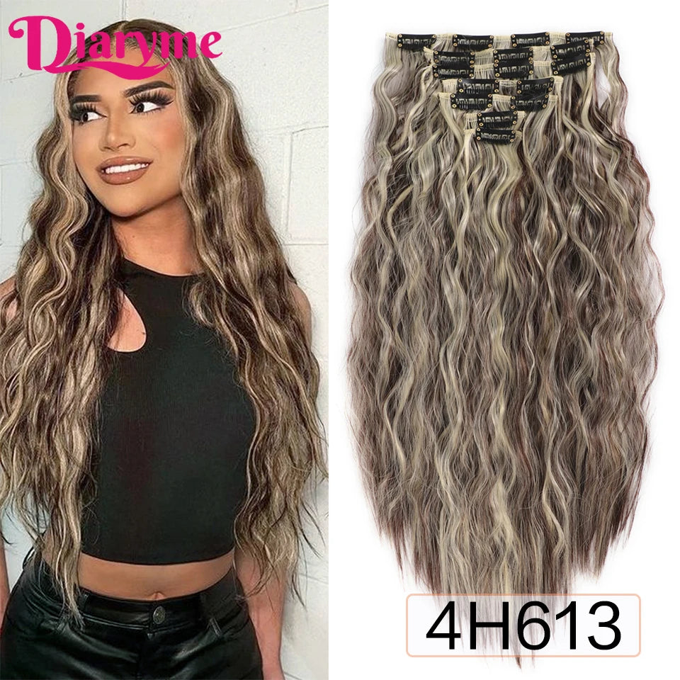 Long Waves Hair Extensions Synthetic Wig Hairpieces 7 PCS Wavy Curly Clip in Hair Extension Natural Fake Hair Piece Half Wig