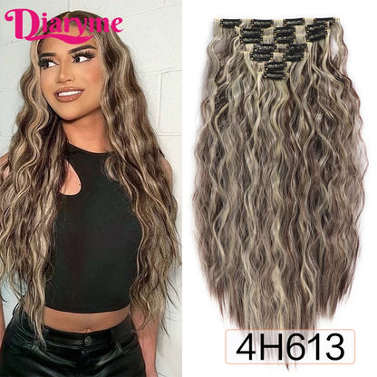 Long Waves Hair Extensions Synthetic Wig Hairpieces 7 PCS Wavy Curly Clip in Hair Extension Natural Fake Hair Piece Half Wig