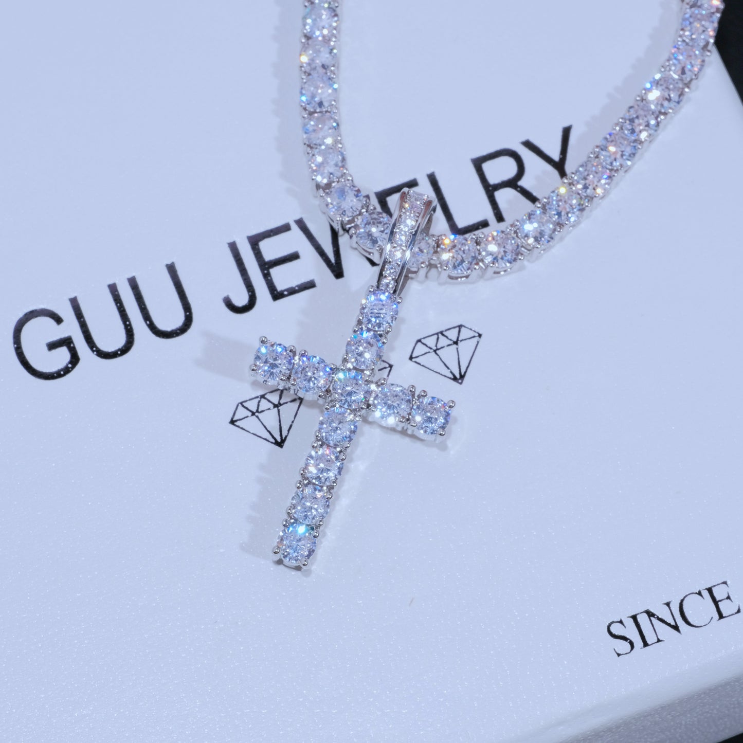 Bundle White Gold Diamond Cross + 4Mm Diamond Tennis Chain