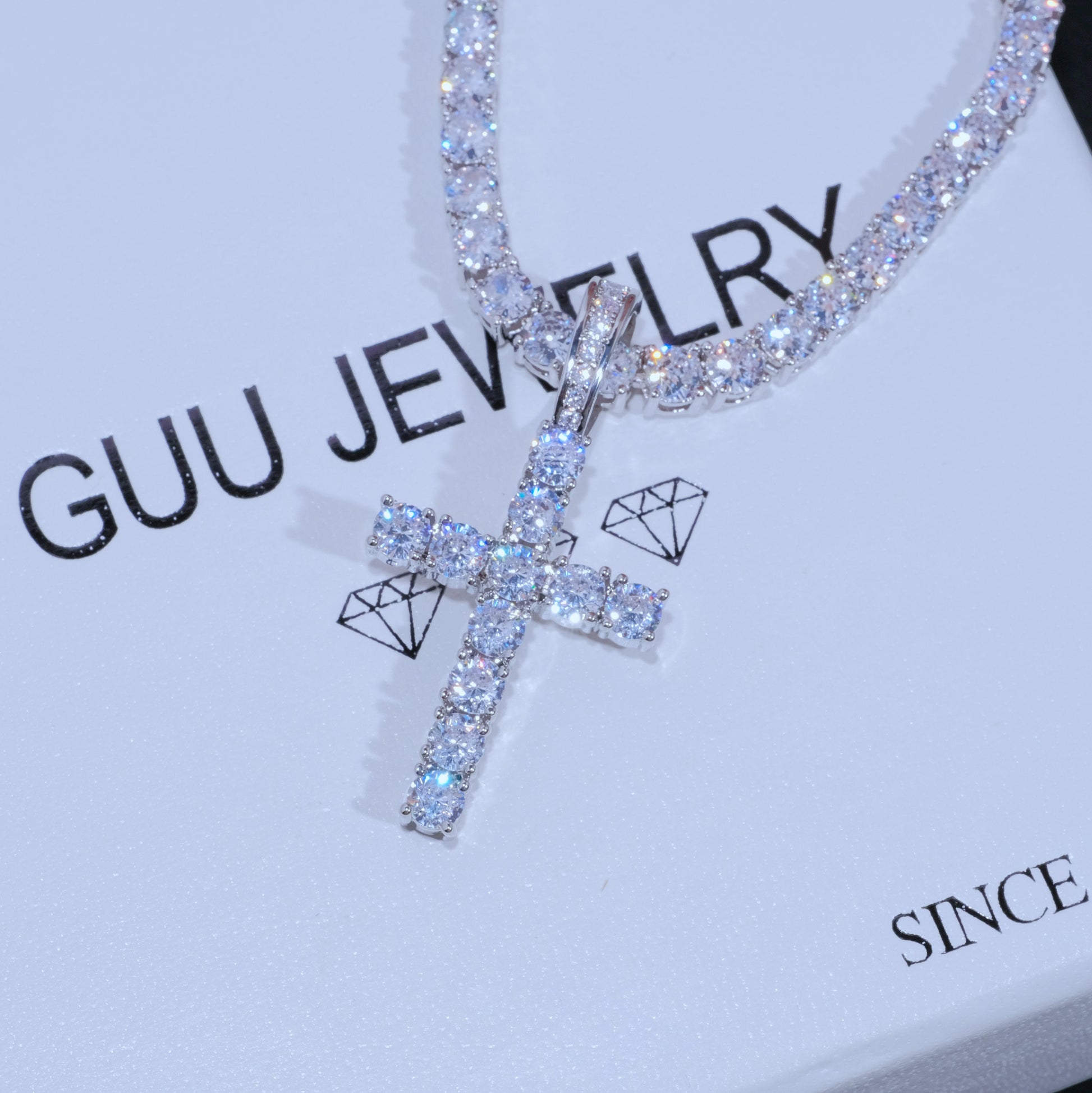 Bundle White Gold Diamond Cross + 4Mm Diamond Tennis Chain