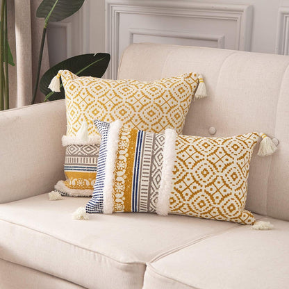 Boho Tufted Decorative Throw Pillow Covers for Couch Sofa - Modern Moroccan Pillow Case with Tassels, Accent Decor Large Pillowcase for Bedroom Living Room Car Hotel, 22 X 22 Inches, Yellow