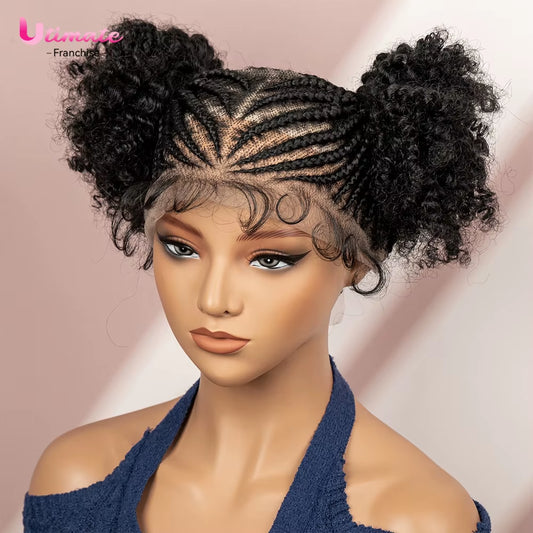 Afro Cornrow Braided Wigs for Black Women 360 Full Lace Twin Buns Braiding Hair Wig 6 Inches Short Afro Curly Wig