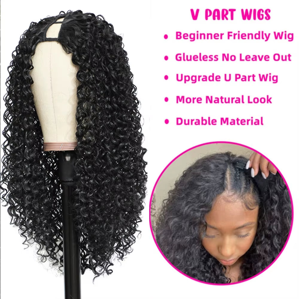 Deep Curly V Part Wigs Kinky Curly Synthetic Hair Wigs for Black Women Deep Water Wave No Leave Out Full Head Clip in Half Wig