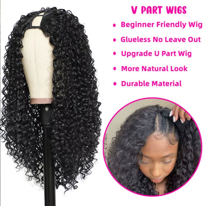Deep Curly V Part Wigs Kinky Curly Synthetic Hair Wigs for Black Women Deep Water Wave No Leave Out Full Head Clip in Half Wig