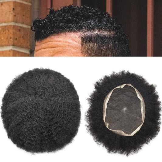 Afro Toupee for Black Men Hair System Replacement 8X10 All Transparent French Lace Kinky Curly Human Hair African American Mens Wigs Hair Unit Afro Wavy 6Mm #1 Jet Black