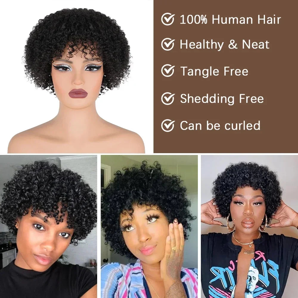 Short Curly Pixie Cut Wig with Bangs Glueless Afro Kinky Curly Brazilian Human Hair Wigs for Women Ready to Go Machine Made Wig