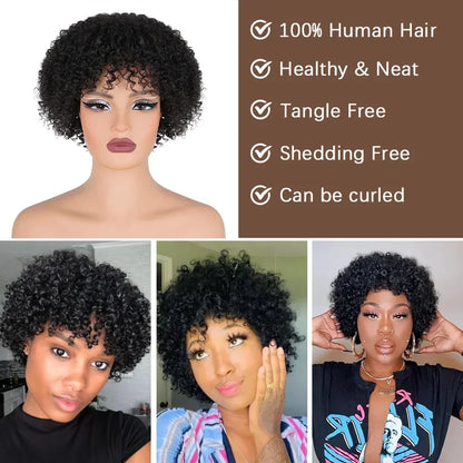 Short Curly Pixie Cut Wig with Bangs Glueless Afro Kinky Curly Brazilian Human Hair Wigs for Women Ready to Go Machine Made Wig