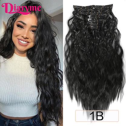 Long Waves Hair Extensions Synthetic Wig Hairpieces 7 PCS Wavy Curly Clip in Hair Extension Natural Fake Hair Piece Half Wig