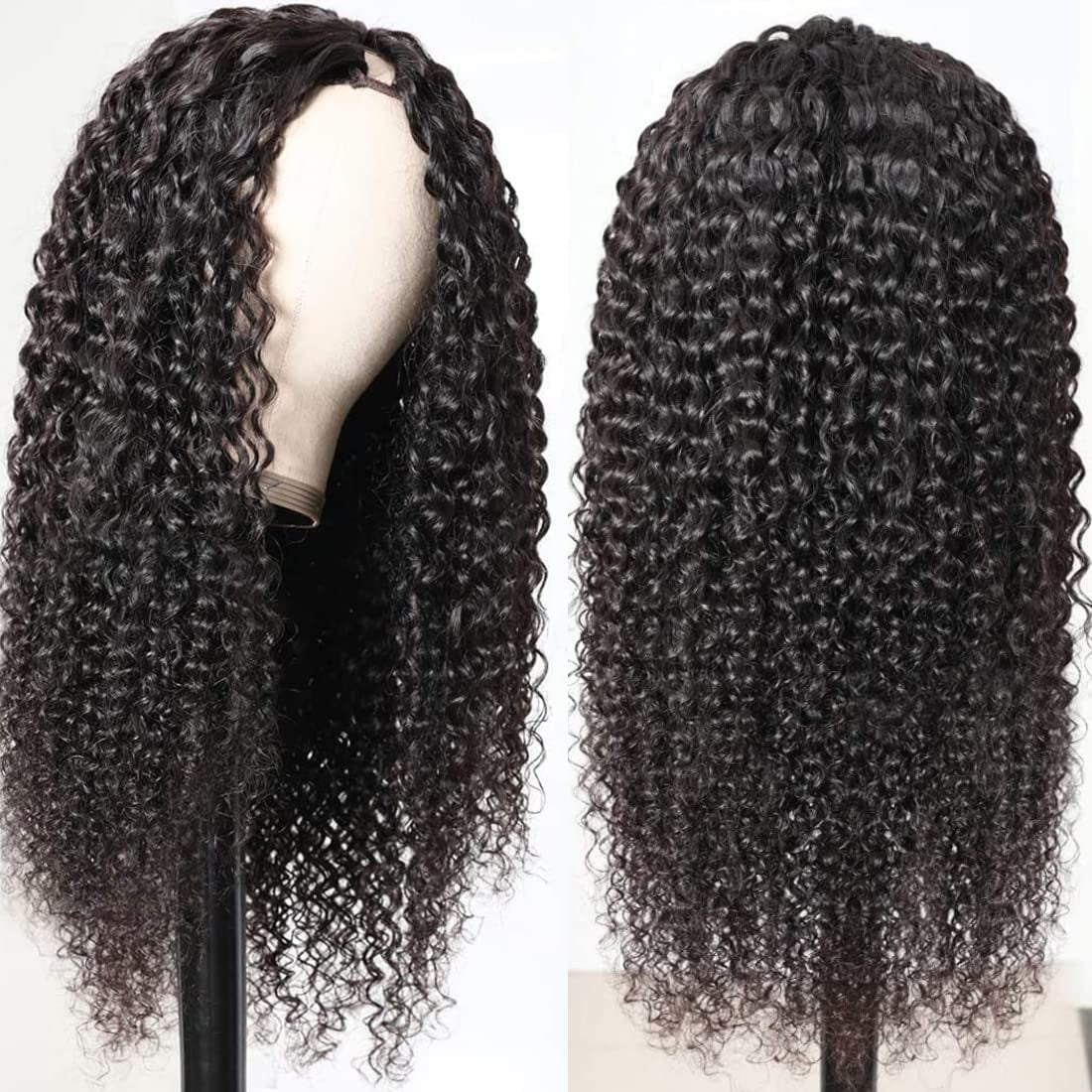 Curly V Part Wig Human Hair Brazilian Virgin Human Hair Wigs for Black Women Upgrade U Part Wig Glueless Full Head Clip in Half Wig V Shape Wig No Leave Out 180% Density Natural Color 16 Inch