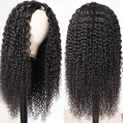 Curly V Part Wig Human Hair Brazilian Virgin Human Hair Wigs for Black Women Upgrade U Part Wig Glueless Full Head Clip in Half Wig V Shape Wig No Leave Out 180% Density Natural Color 16 Inch