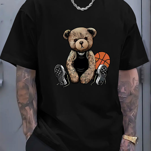 Men's T-shirt With Cool Bear And Basketball Prints, Casual Short Sleeved Round Neck T-shirt, Soft And Comfortable Top, Street Fashion