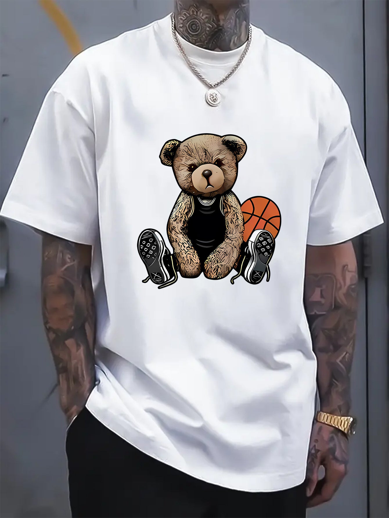 Men's T-shirt With Cool Bear And Basketball Prints, Casual Short Sleeved Round Neck T-shirt, Soft And Comfortable Top, Street Fashion
