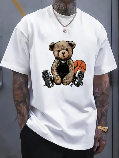 Men's T-shirt With Cool Bear And Basketball Prints, Casual Short Sleeved Round Neck T-shirt, Soft And Comfortable Top, Street Fashion
