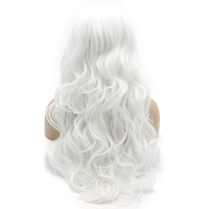 Wavy Long 26Inch White Wig Heat Friendly Full Density Realistic Synthetic Lace Front Wig