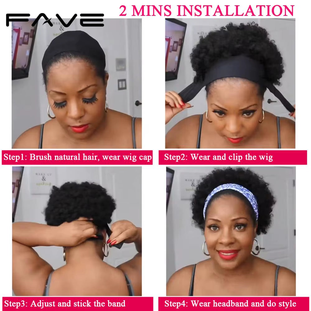 Headband Wig Afro Curly Scarf Wig Brazilian Remy Human Hair for African Women Turban Wrap-Wig Afro Puff Half Hair Up-Do Wig