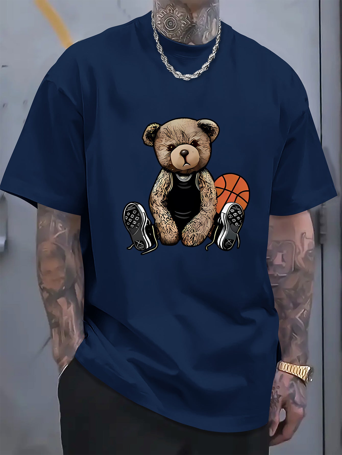 Men's T-shirt With Cool Bear And Basketball Prints, Casual Short Sleeved Round Neck T-shirt, Soft And Comfortable Top, Street Fashion