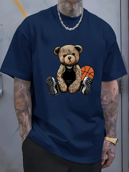 Men's T-shirt With Cool Bear And Basketball Prints, Casual Short Sleeved Round Neck T-shirt, Soft And Comfortable Top, Street Fashion