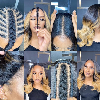 22Inch Ombre Highlight U Part Wig Human Hair Body Wave for Women 4/27 Balayage Brown Blonde 180% 1X4 U Open Full Head Upart Natural Hair Half Wig Clips in Scalp Protective Beginner Friendly