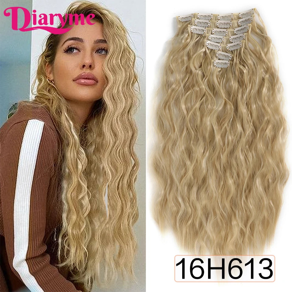 Long Waves Hair Extensions Synthetic Wig Hairpieces 7 PCS Wavy Curly Clip in Hair Extension Natural Fake Hair Piece Half Wig