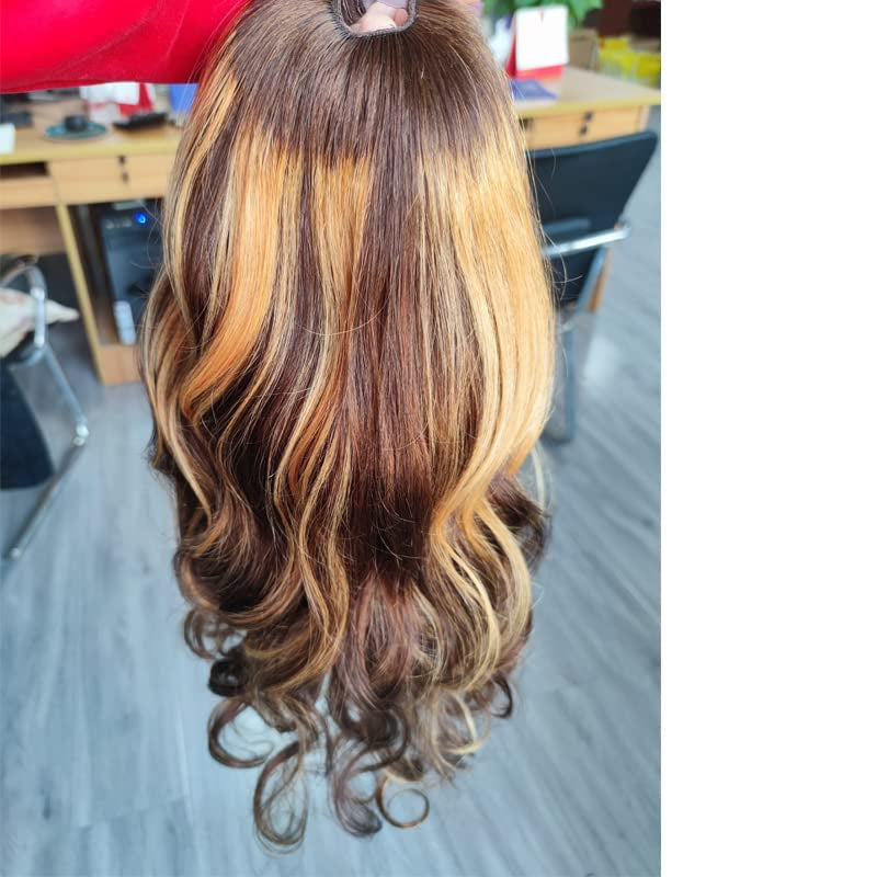22Inch Ombre Highlight U Part Wig Human Hair Body Wave for Women 4/27 Balayage Brown Blonde 180% 1X4 U Open Full Head Upart Natural Hair Half Wig Clips in Scalp Protective Beginner Friendly