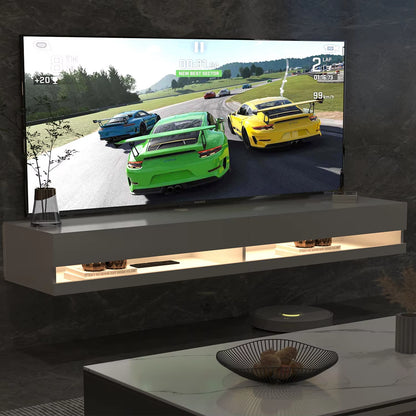 71" Floating TV Stand for 75/80" TV, Wall Mounted LED TV Stand W/Power Outlets, Modern High Gloss Media Console, White/Black