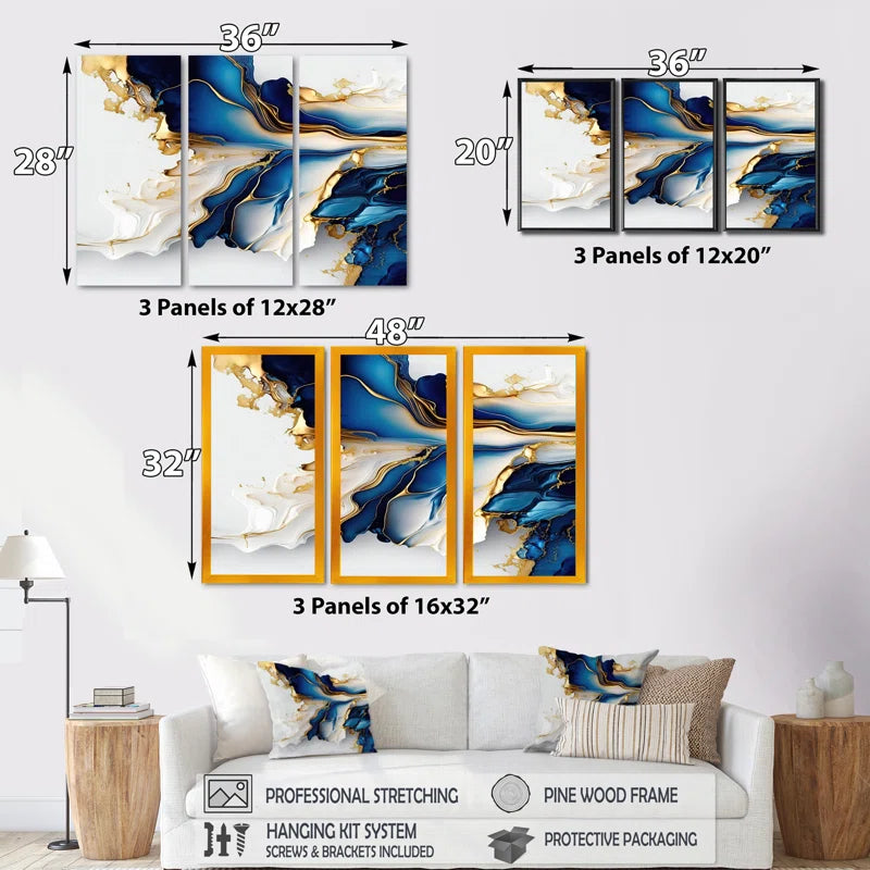Abstract Geode Gold and Blue Marble Shape III - Modern 3 Piece Print on Canvas