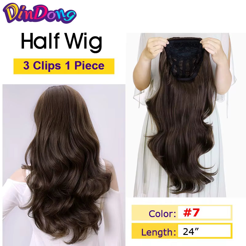 24" Synthetic Wave 3/4 Ladies Half Wig Hair Wavy Wigs with Comb on a Mesh Head Cap Clip in Hair Extension