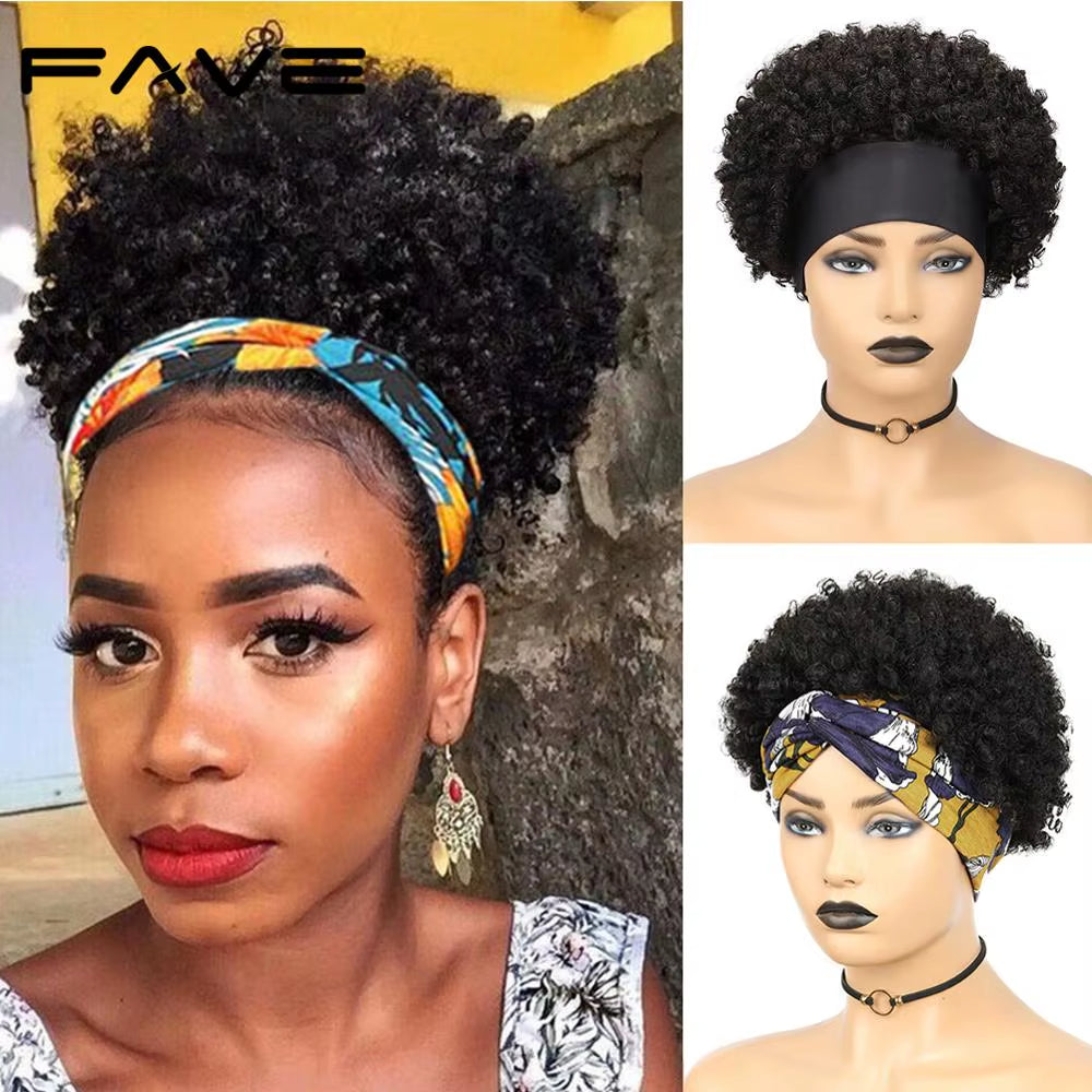 Headband Wig Afro Curly Scarf Wig Brazilian Remy Human Hair for African Women Turban Wrap-Wig Afro Puff Half Hair Up-Do Wig