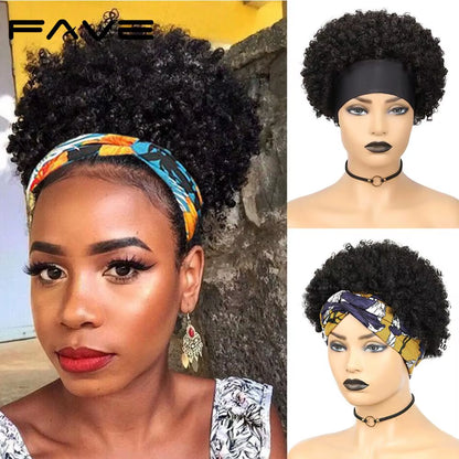 Headband Wig Afro Curly Scarf Wig Brazilian Remy Human Hair for African Women Turban Wrap-Wig Afro Puff Half Hair Up-Do Wig