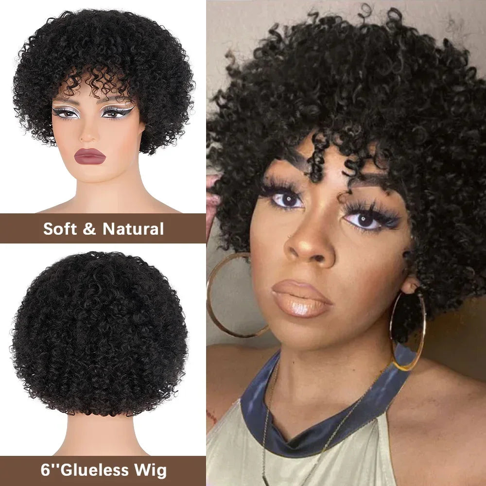Short Curly Pixie Cut Wig with Bangs Glueless Afro Kinky Curly Brazilian Human Hair Wigs for Women Ready to Go Machine Made Wig
