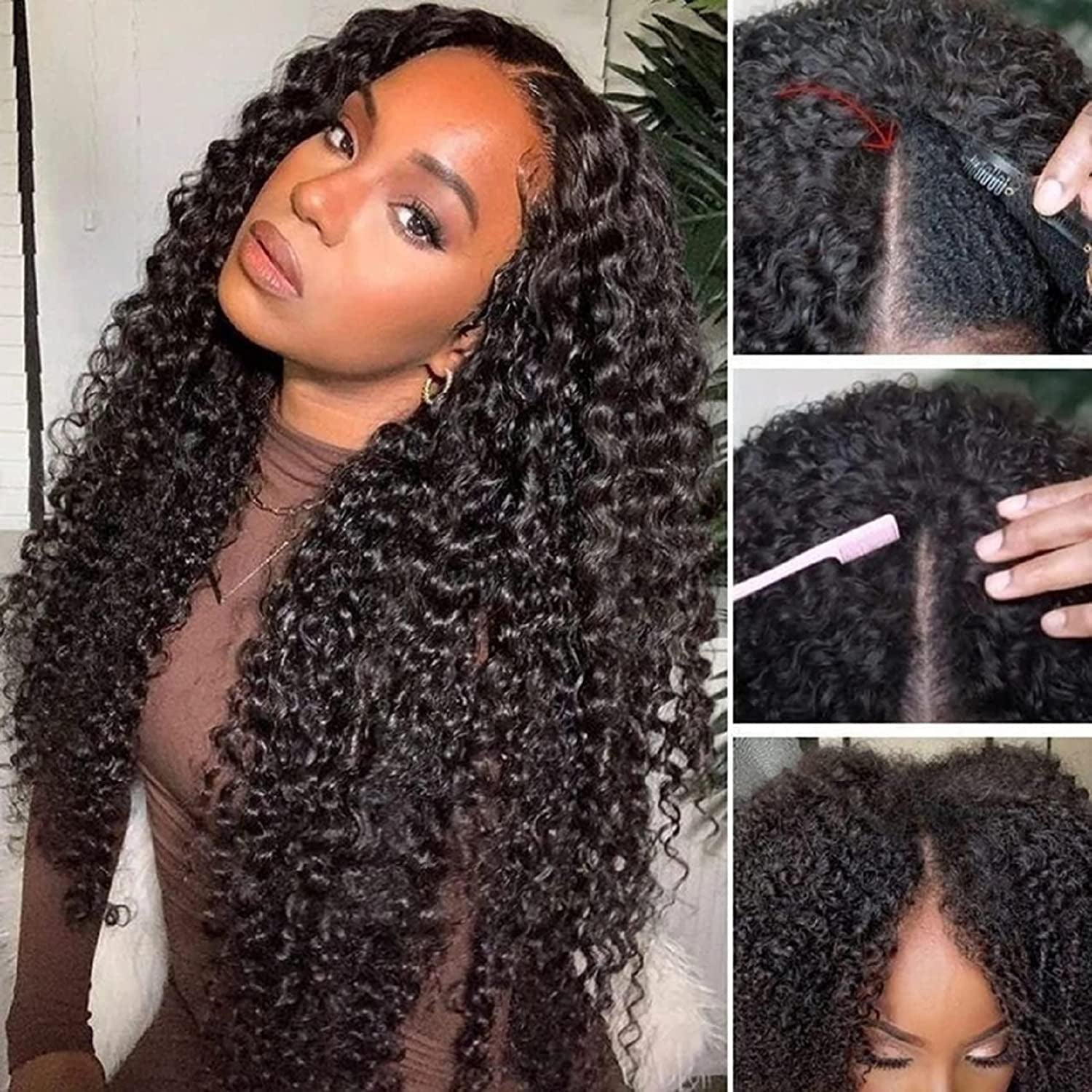 Curly V Part Wig Human Hair Brazilian Virgin Human Hair Wigs for Black Women Upgrade U Part Wig Glueless Full Head Clip in Half Wig V Shape Wig No Leave Out 180% Density Natural Color 16 Inch