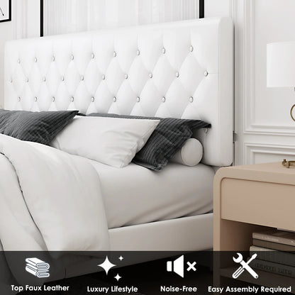Full Bed Frame, White Faux Leather Upholstered Button Tufted Low Profile Platform Bed Frame with Adjustable Headboard for Bedroom