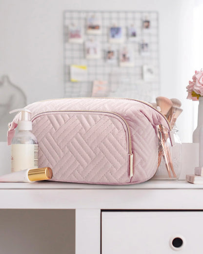 Large Capacity Makeup Bag Cosmetic Pouch, Wide-Open Travel Toiletry Bag Organizer Case for Lipsticks Electonic Accessories, Waterproof Portable, Multifunction, Pink