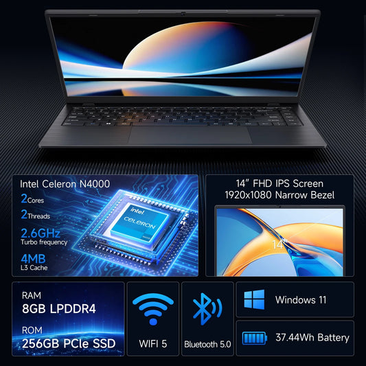 14 Inch Windows 11 Laptops New Intel Celeron N4000 up to 2.6Ghz 8GB RAM 256GB ROM Netbook Laptop Computer for Beginner, Student, Business