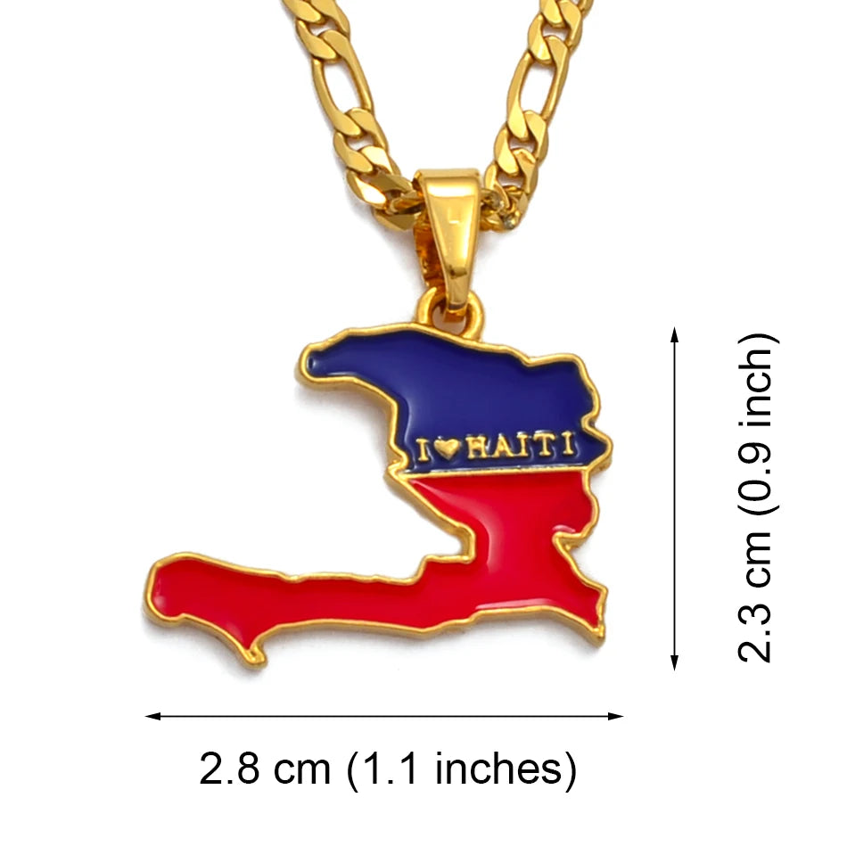 Haiti Map with Flag Pendants Necklaces for Men Ayiti Jewelry Gold Plated #116006
