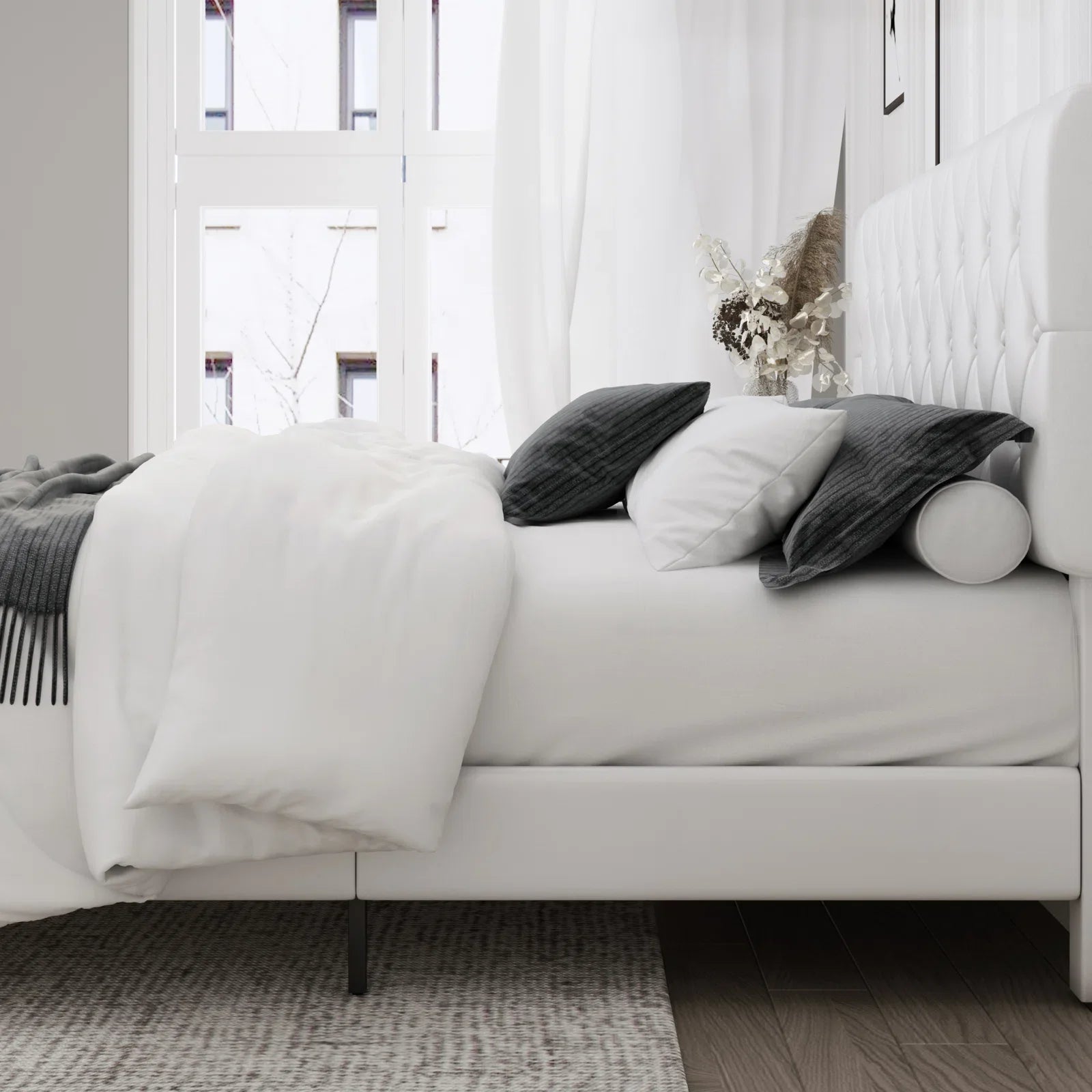 Full Bed Frame, White Faux Leather Upholstered Button Tufted Low Profile Platform Bed Frame with Adjustable Headboard for Bedroom
