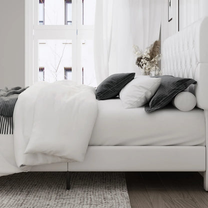 Full Bed Frame, White Faux Leather Upholstered Button Tufted Low Profile Platform Bed Frame with Adjustable Headboard for Bedroom